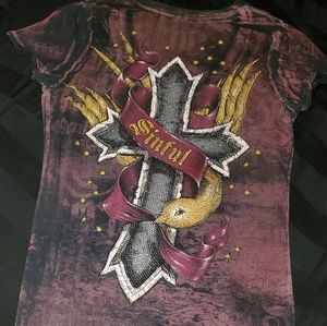 Rhinestone cross and dove sinful tee